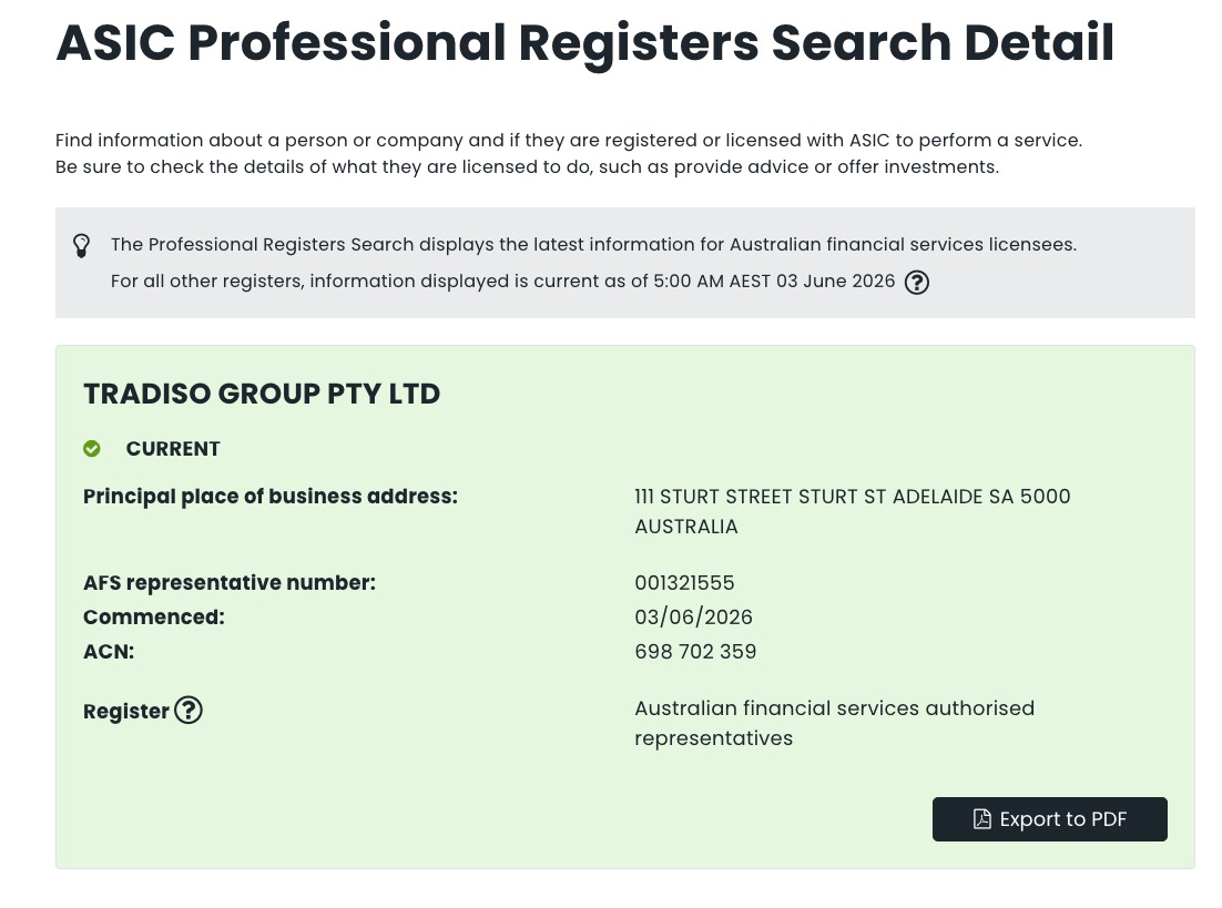 ASIC Professional Registers — Tradiso Group Pty Ltd · Current